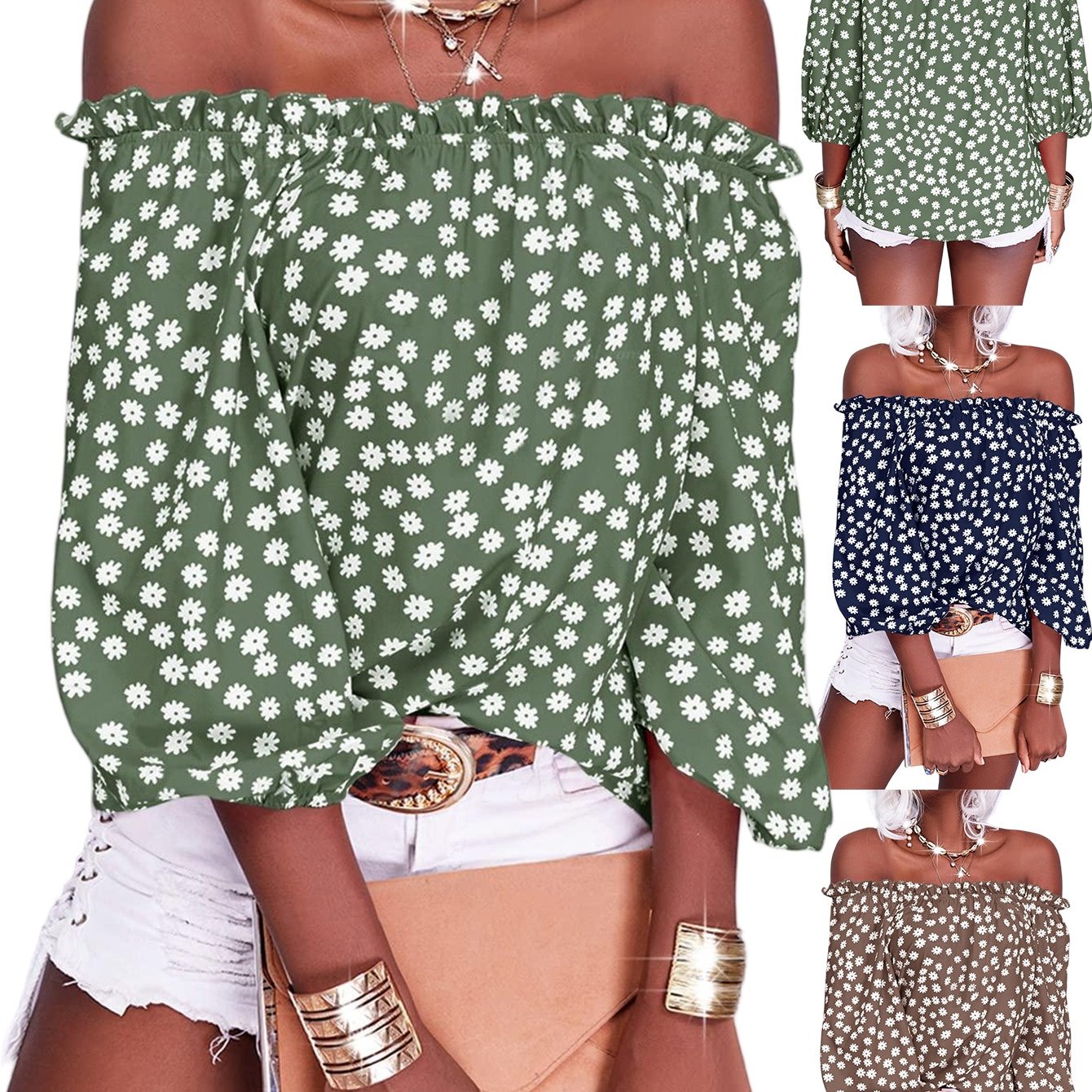 Womens Summer Off Shoulder Blouse Floral Print 3/4 Sleeve Casual Chiffon Tops Shirts