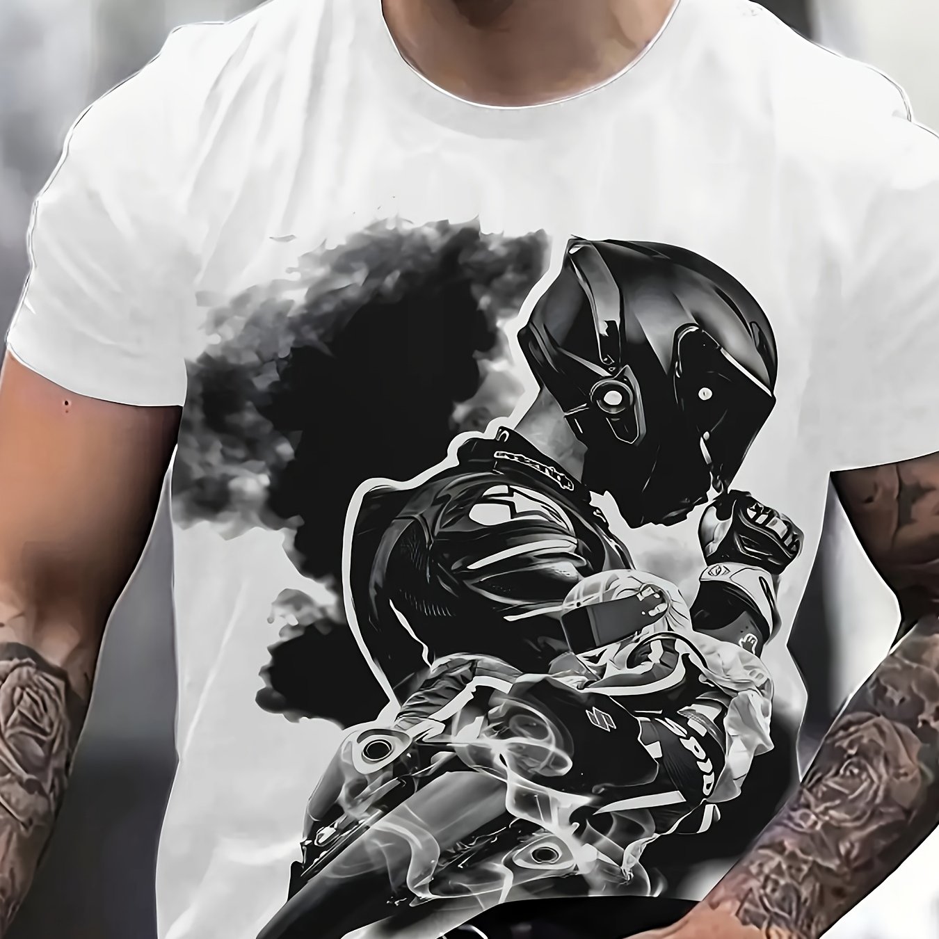 TEMU Camiseta de hombre con estampado completo de tema de motocicleta - Diseño estilo con patrones de y motocicletas, manga corta, cuello , ropa