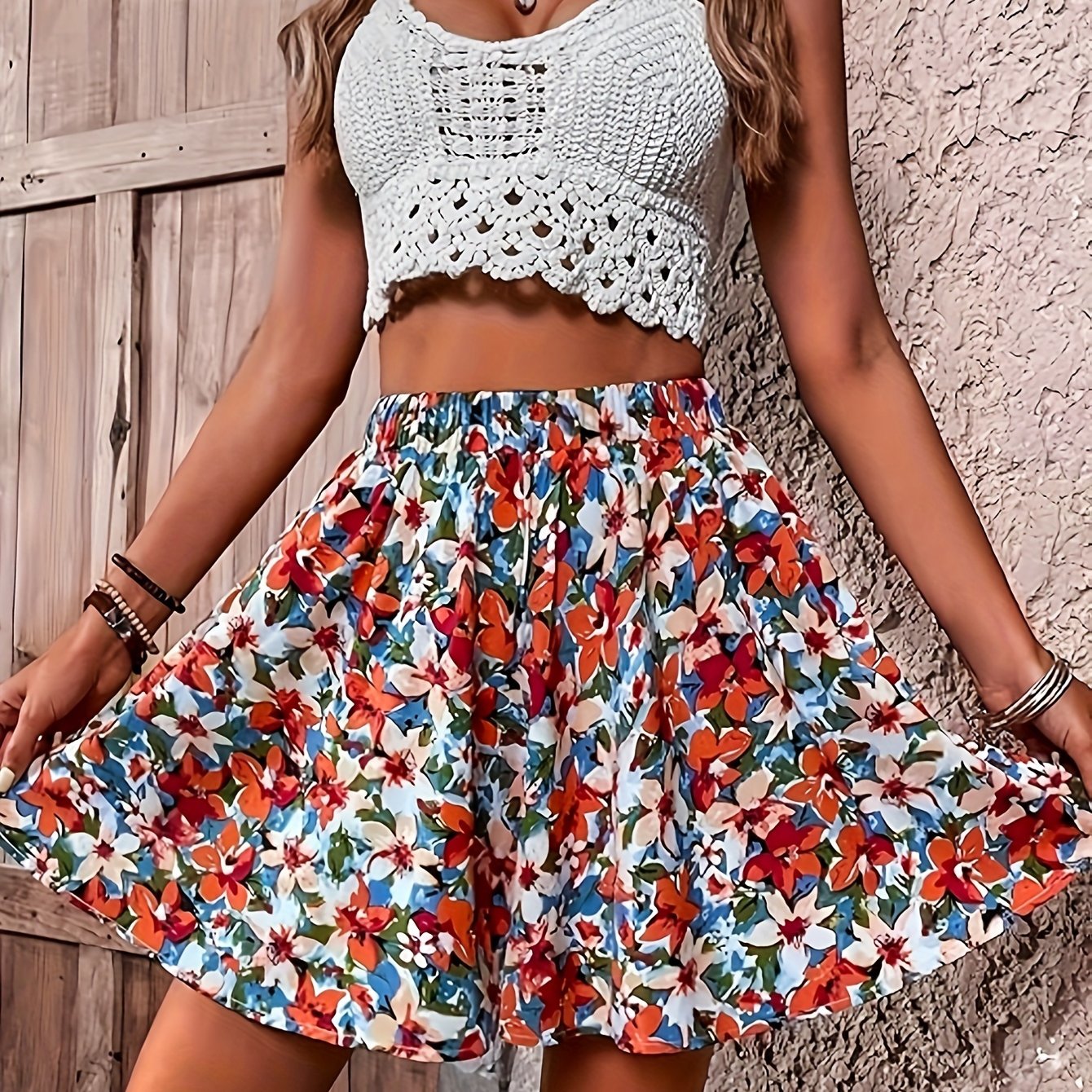 Image of Summer New Women's Clothing Colorful Floral Elastic Waist Shorts Women's High-waist Printed Wide-leg Casual A-line Puff Short Skirt Pants Vacation Beach Pants