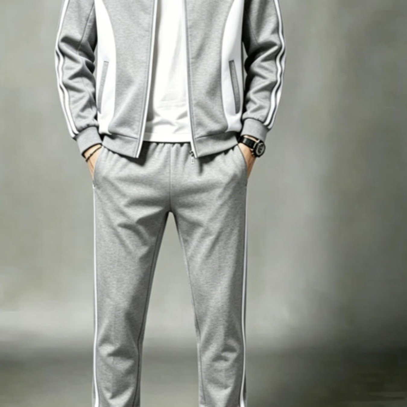 Image of Tracksuit Set Men's Fashion Sport Style Blue Block Striped Detail Zip Up Jacket And Pants Casual Sportswear Fall Winter Trendy Adult Men Daily Wear Holiday Gift