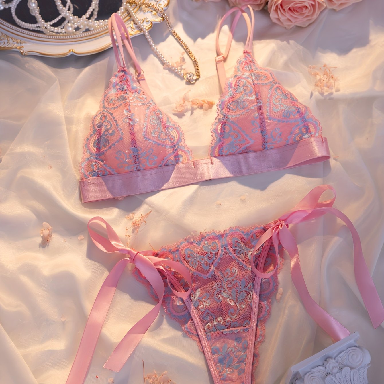 Steel-Free Adjustable Bowknot Sweet Style Pink Triangle Cup Lingerie with Garter Belt Sexy Two-Piece Set for Women