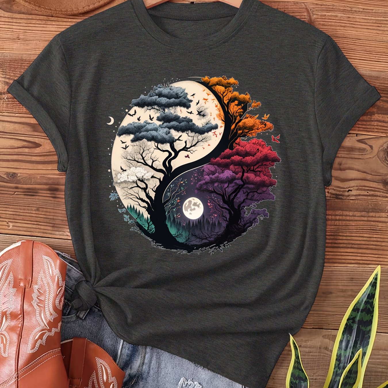 Image of Tree Of Life Yin Yang Print T-shirt, Short Sleeve Crew Neck Casual Top For Summer & Spring, Women's Clothing