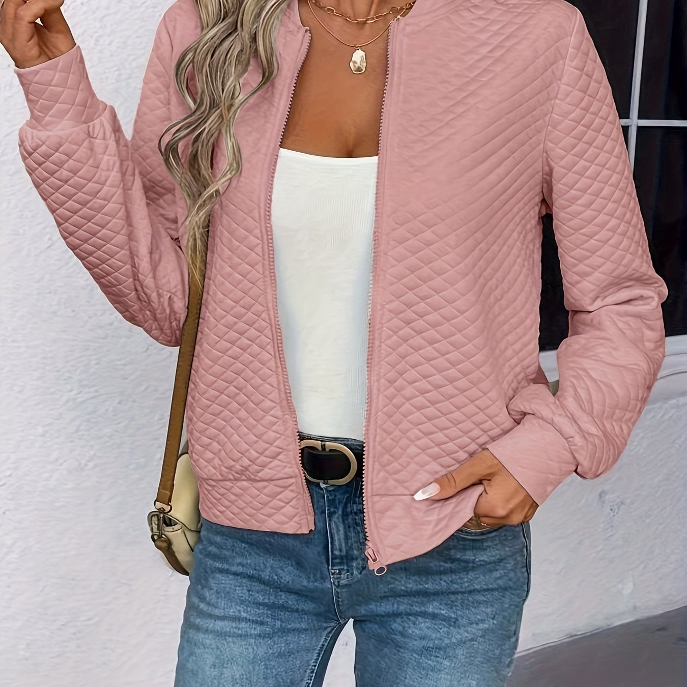 TEMU Spring And Autumn Solid Color Diamond Pattern Zip-up Cardigan Casual Jacket