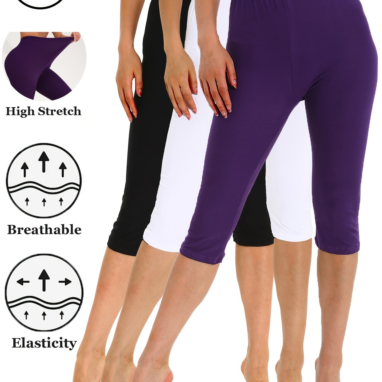 TEMU 3 Pack Fashion Elegant Summer 3 Quarter Point Pants Fit Design Solid Color High Elastic Fabric Capri Leggings Daily Wear Women's Soft Swear