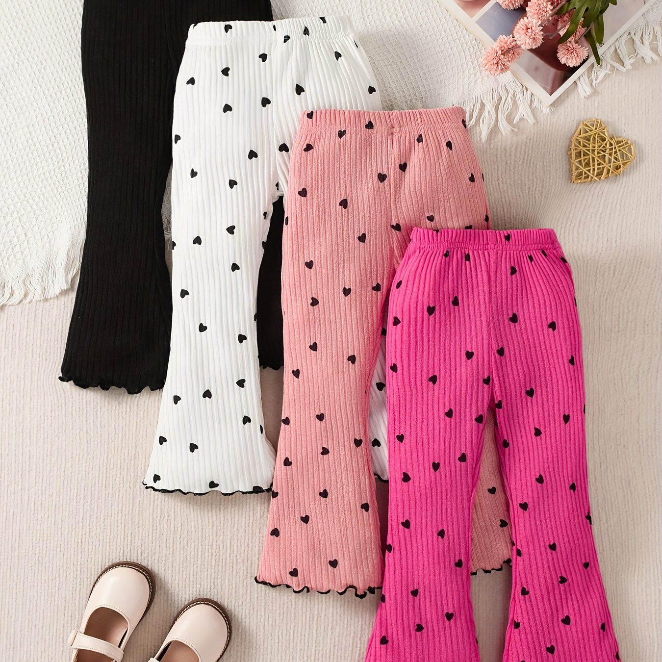 Image of New Korean-style Black Heart Flared Pants For Girls, Set Of 4 For Spring And Autumn, For Outdoor