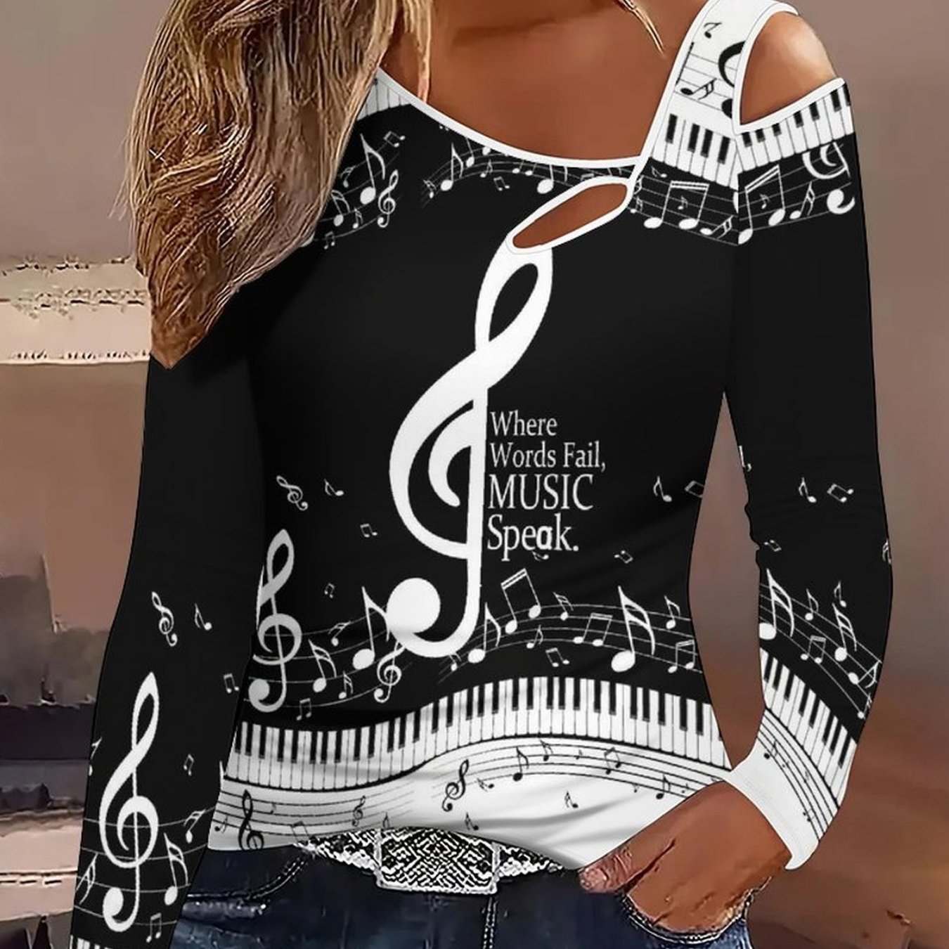 Women's Fashion Hit Slanted Shoulder With Musical Note Printing Trendy Long Sleeved Top T-shirt Suitable For Daily Commuting, , And . A Versatile Item For