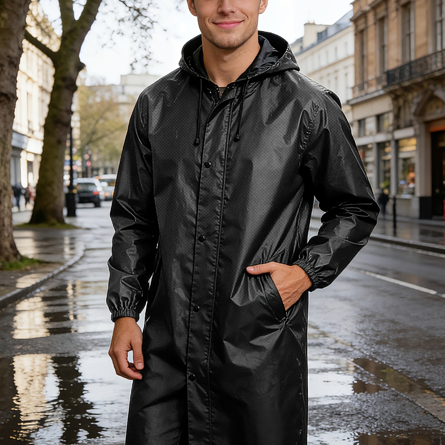 TEMU Men's Mid-length Waterproof Jacket, Adult Lightweight Raincoat, Packable Hooded Jacket, Hunting