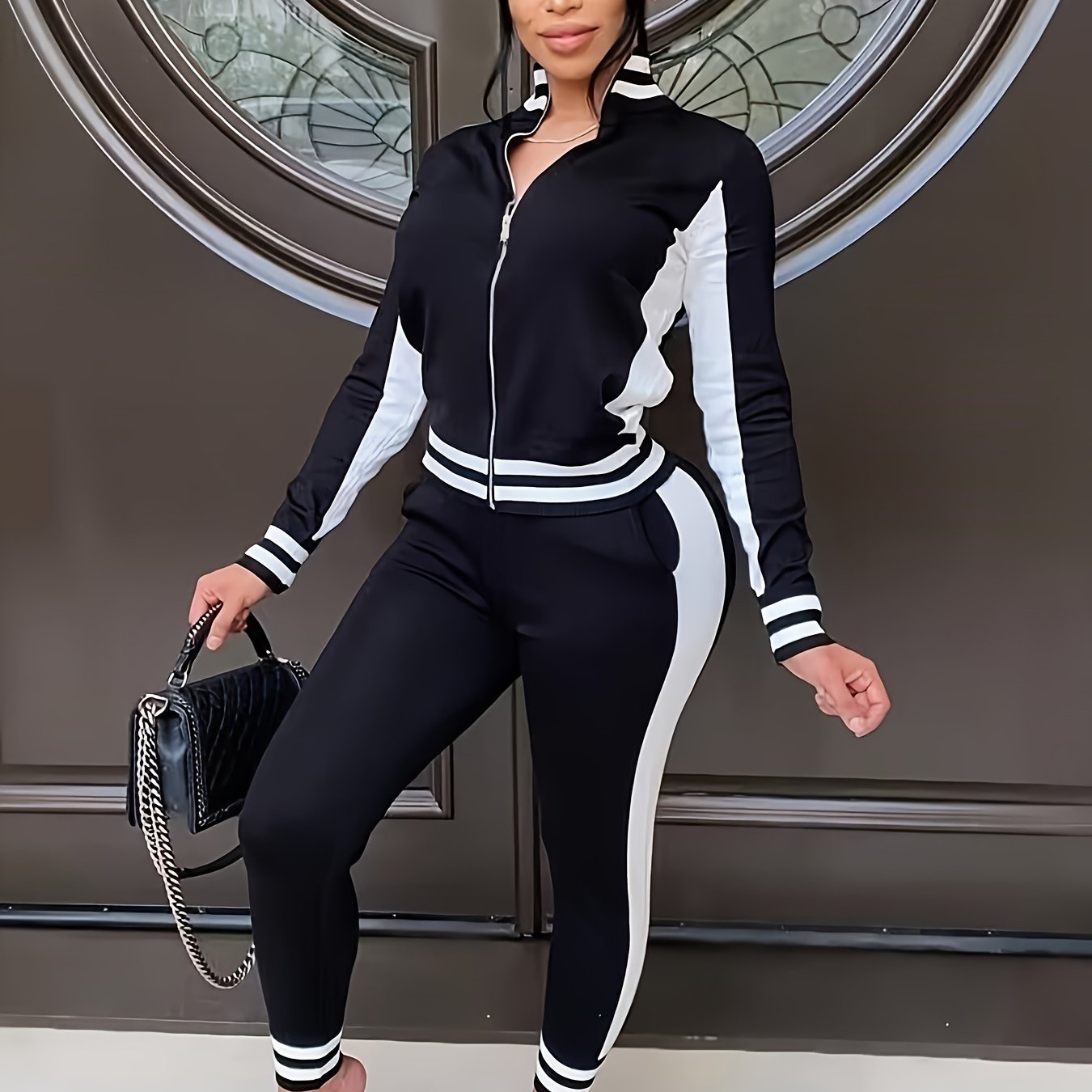 Striped 2pcs Set, Zip Up Long Sleeve Jacket & Long Length Pants Outfits, Women's Clothing
