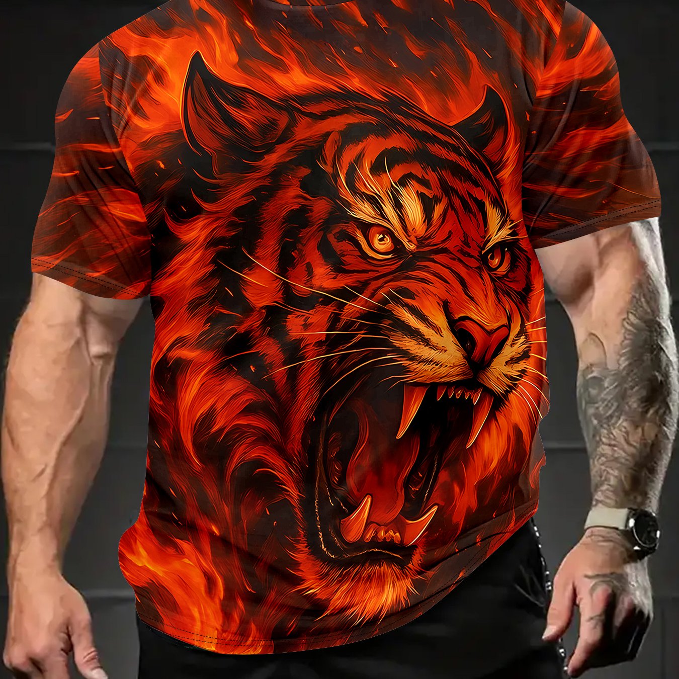 TEMU Men's 3d Flame Tiger Print T-shirt | Casual Round Neck Summer Top For Outdoor Activities & Fitness | Wear For Running, Gym, Or Daily Use |