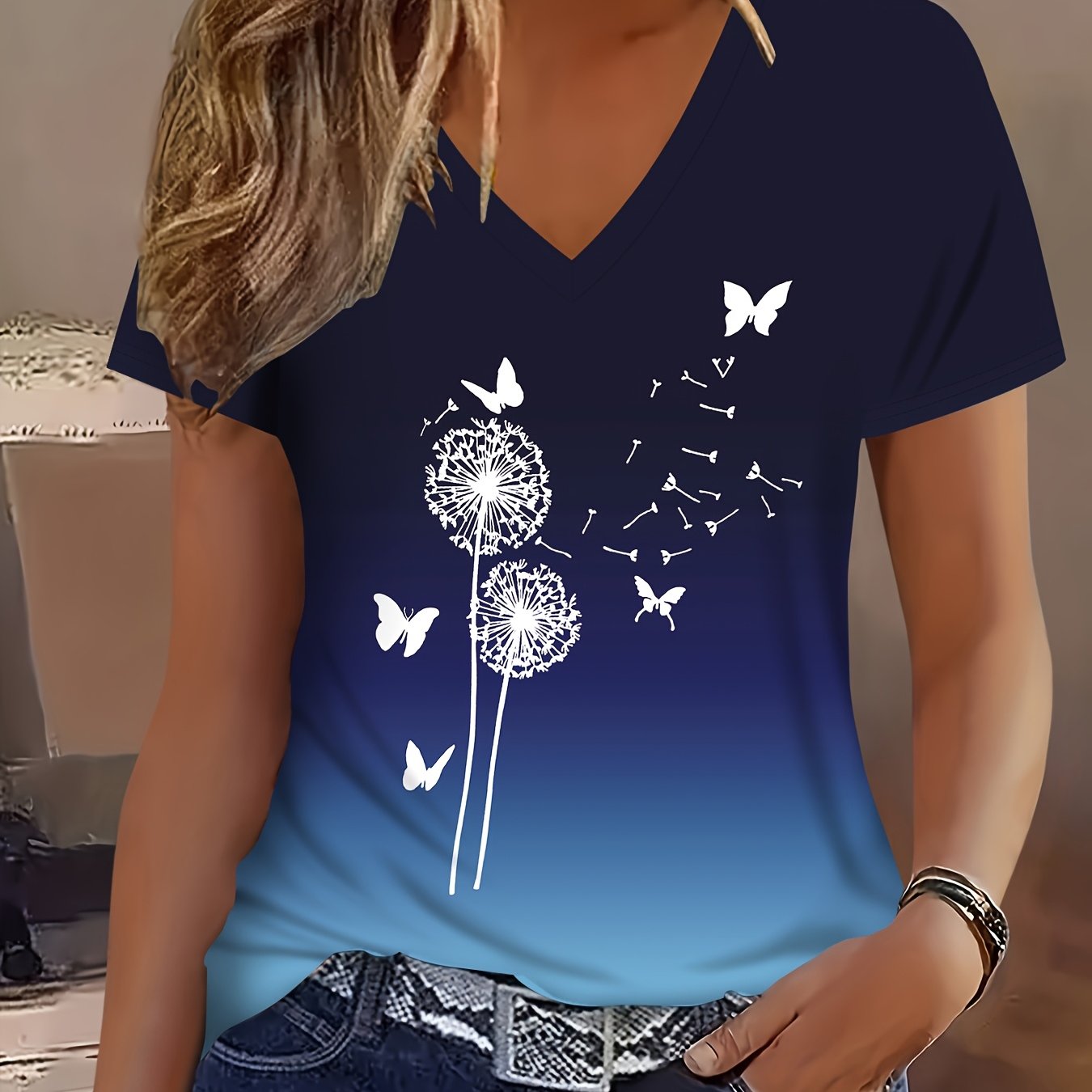TEMU Elegantes und modisches 2D-gedrucktes abstraktes Gemälde mit Farbverlauf, Dandelion-Blumen, Blättern und Schmetterlingsmustern, atmungsaktives