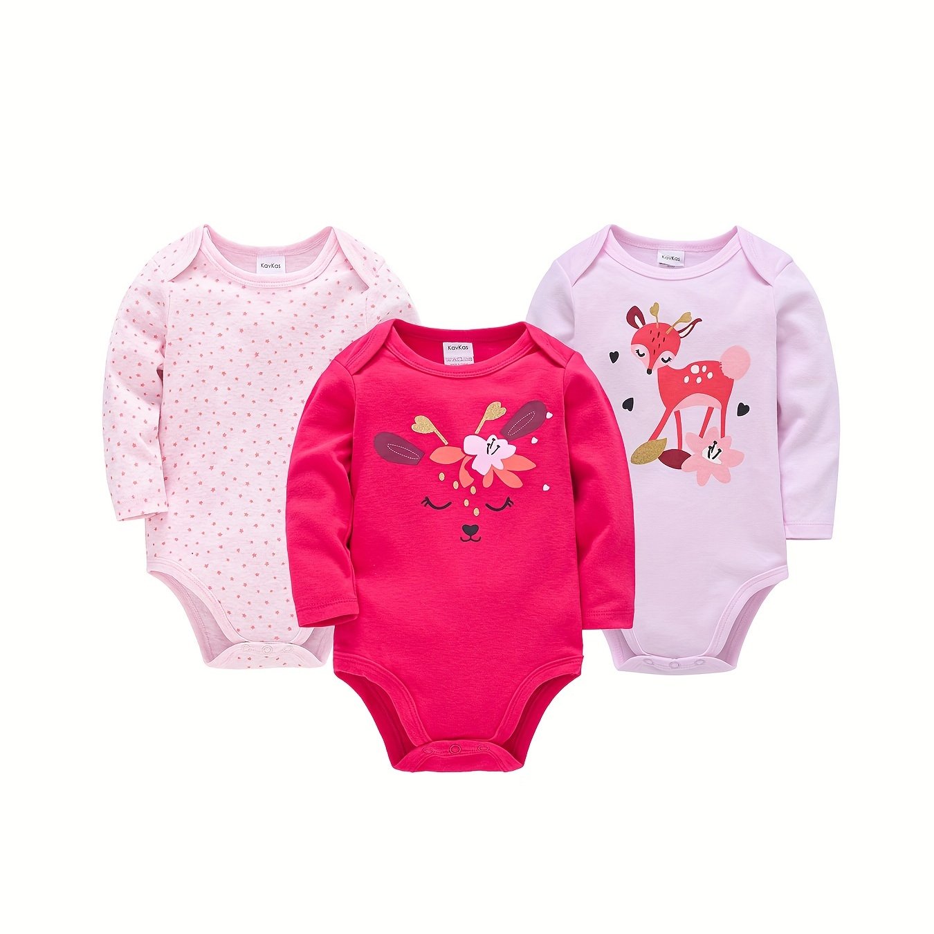 Image of 3pcs Set Long-sleeved Deer Print Autumn Baby Girl Triangle Bodysuit, For Outdoor