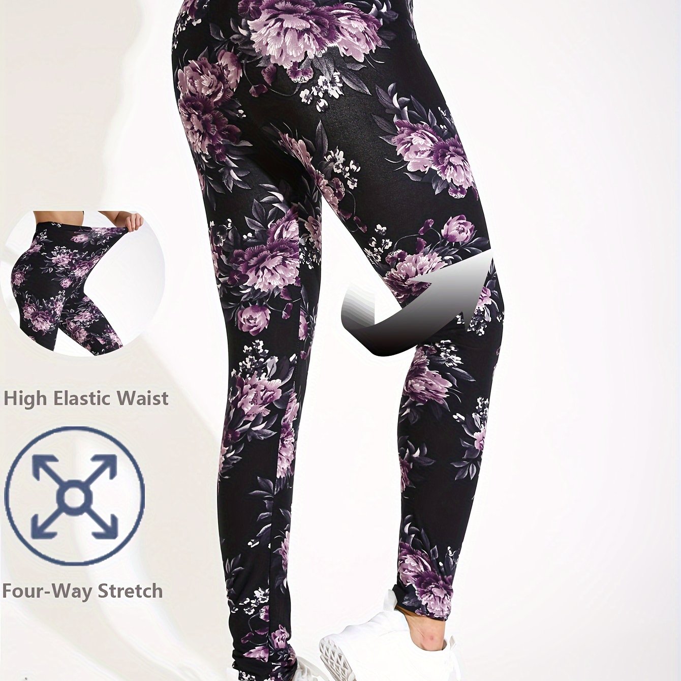 TEMU Women's High-waist Floral Yoga Leggings - Stretchy, Breathable Workout Pants For Fitness & Gym