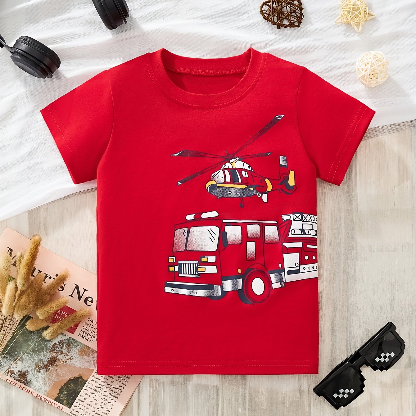 Little Bitty Kids' Casual Short-sleeve T-shirt With Cartoon Airplane And Car Print, Fashionable Outerwear For Spring And Summer