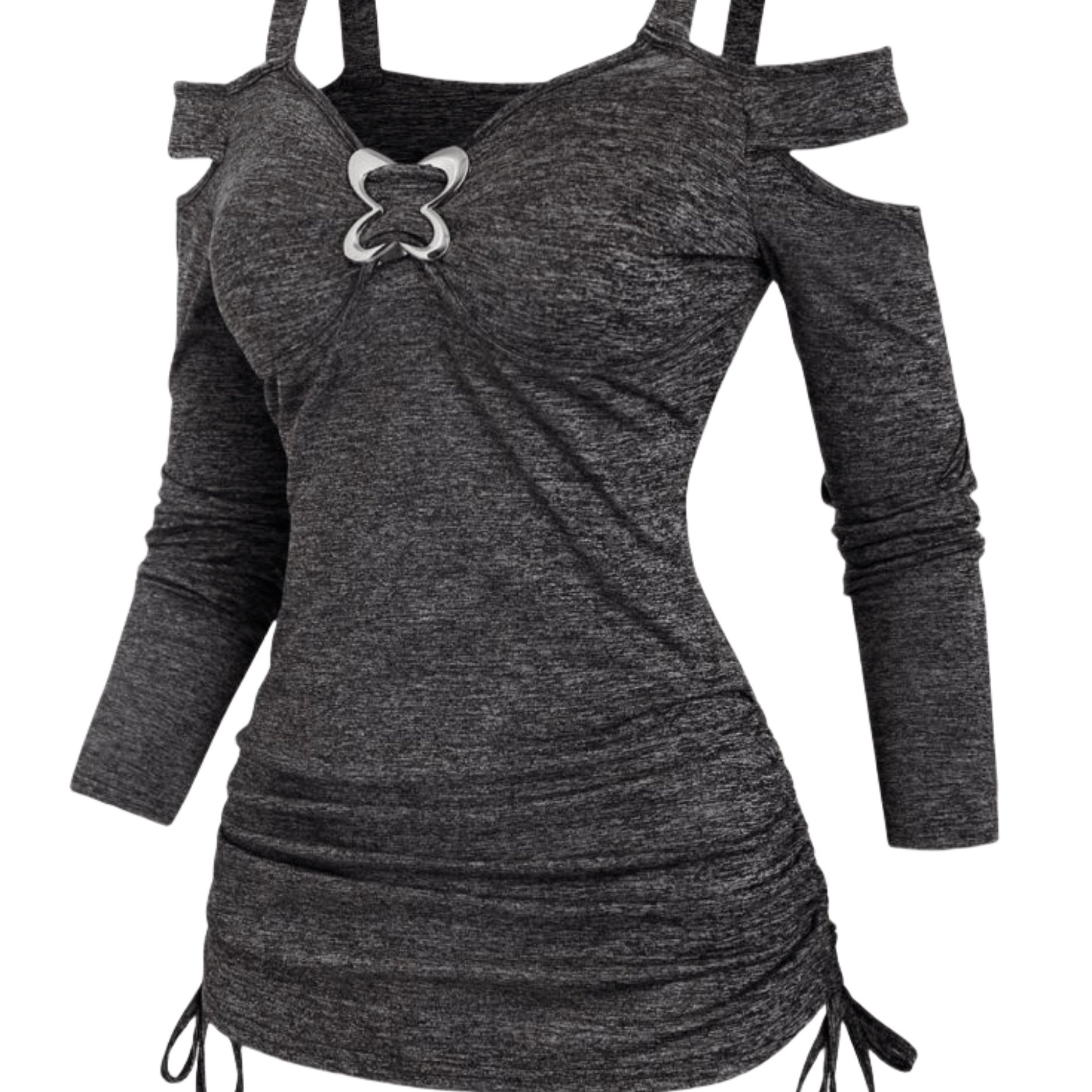 Solid Color Drawstring Ruched T-shirt, Casual Long Sleeve Top For Spring & Fall, Women's Clothing