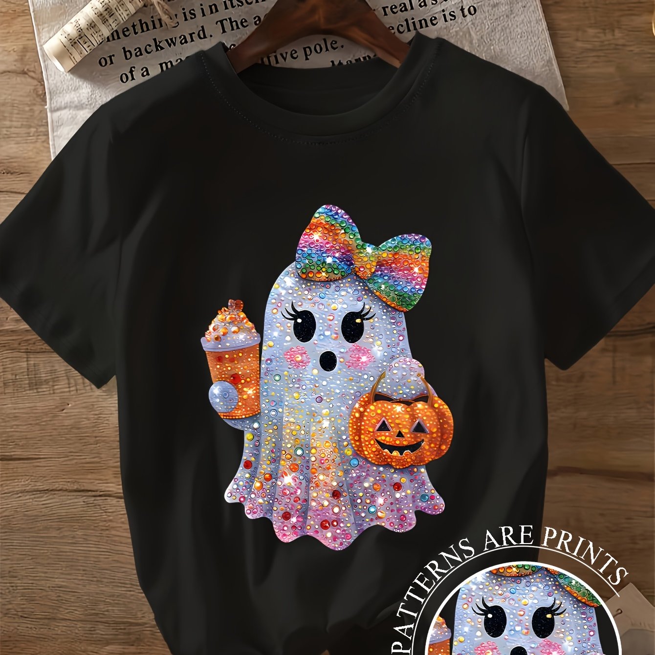 TEMU Ladies' Cute Halloween Printed Short Sleeved Round Neck T-shirt With Diamond Design, , Machine Washable Fabric, Perfect For Halloween Parties,