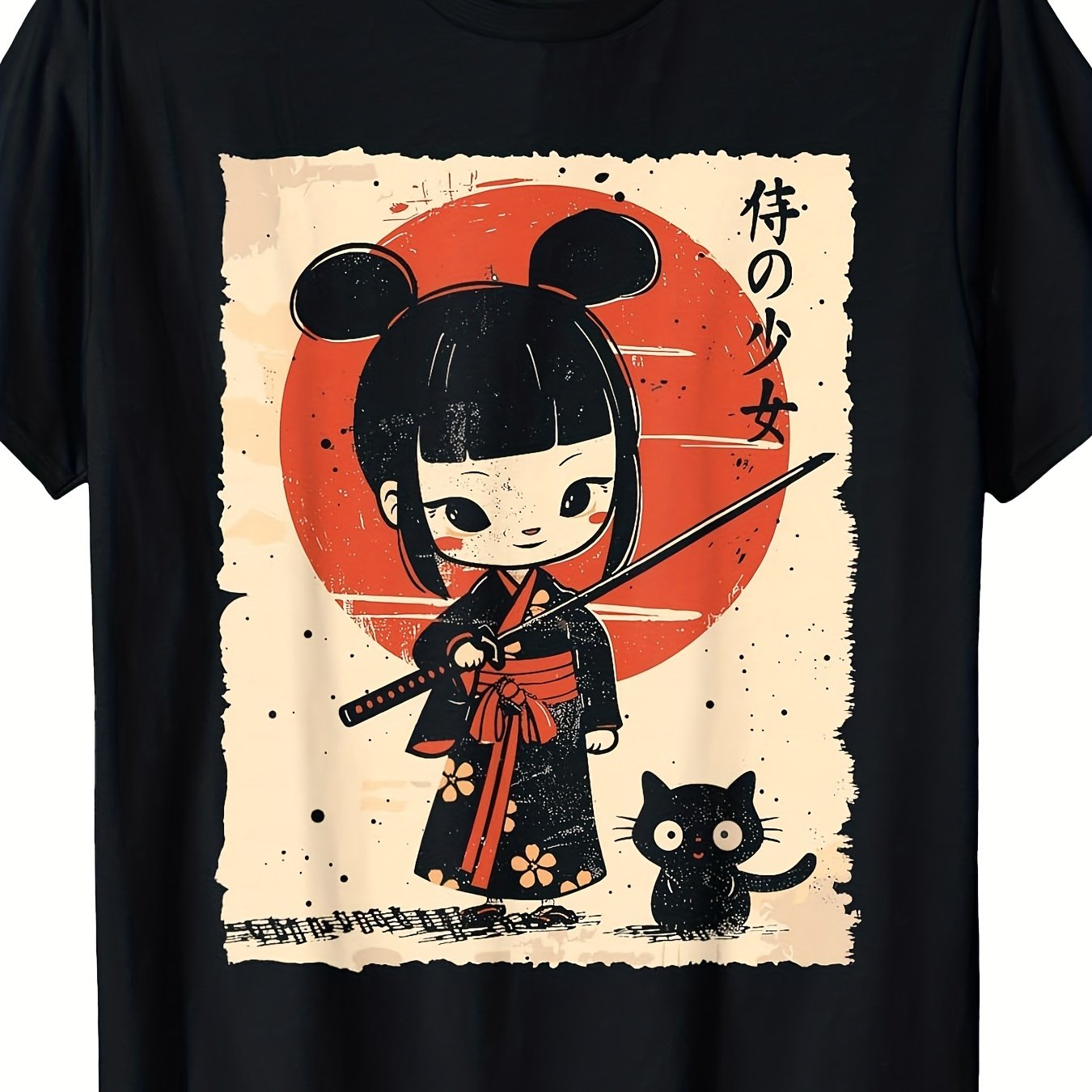 TEMU Adorable Kawaii Girl T-shirt For Men And Women Featuring A And Cat, Made From 220gsm Heavyweight Pure Retro Fabric. This Unisex Tee Showcases A
