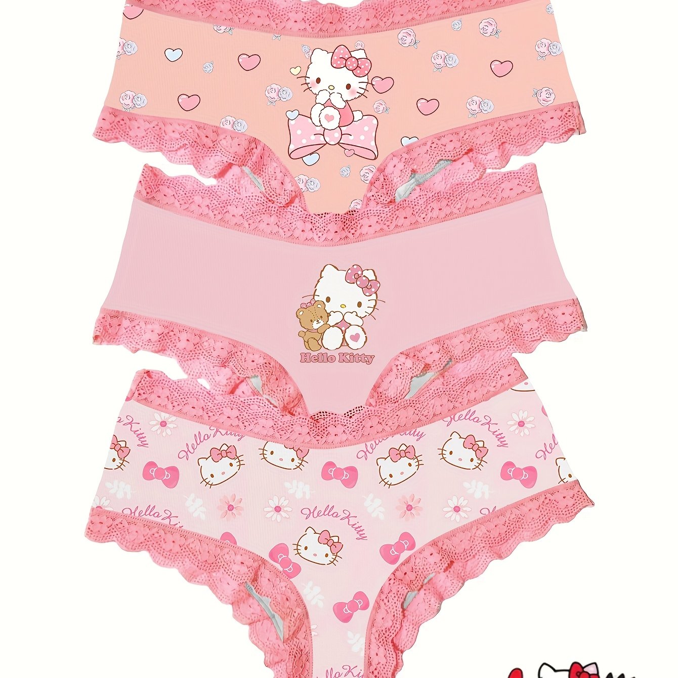 E-shop Sanrio für for hello kitty Niedliches Schleifen für for hello kitty Liebe Cartoon-Print Rosa Spitze Damenunterwäsche 3 Stück