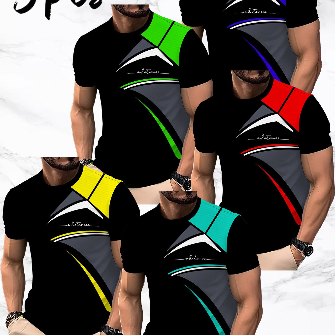 TEMU [printed Design - Not Textured] Men' Short-sleeve T-shirt Set Of 5 - Features A Round Neck Design With Letter Striped Collar, Lightweight And