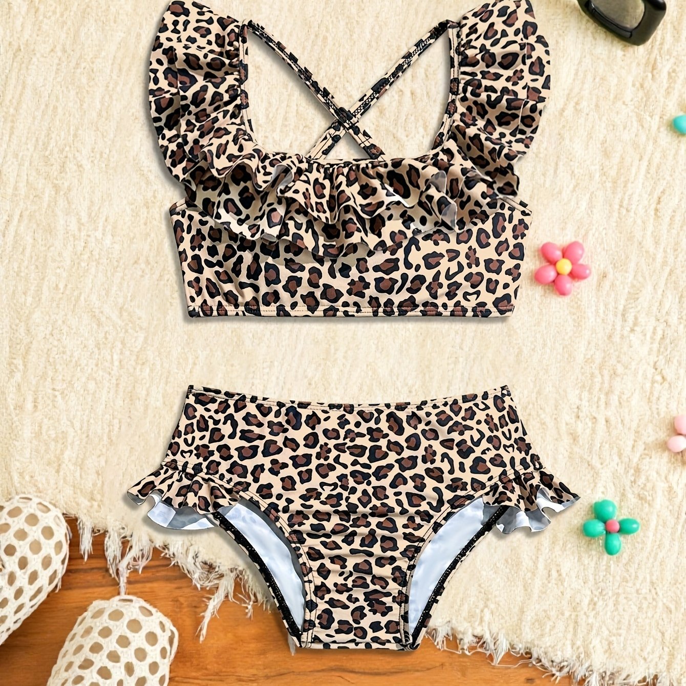 Baby Girls 2pcs Leopard Print Ruffle Trim Bikini Set Toddler Girl Beachwear