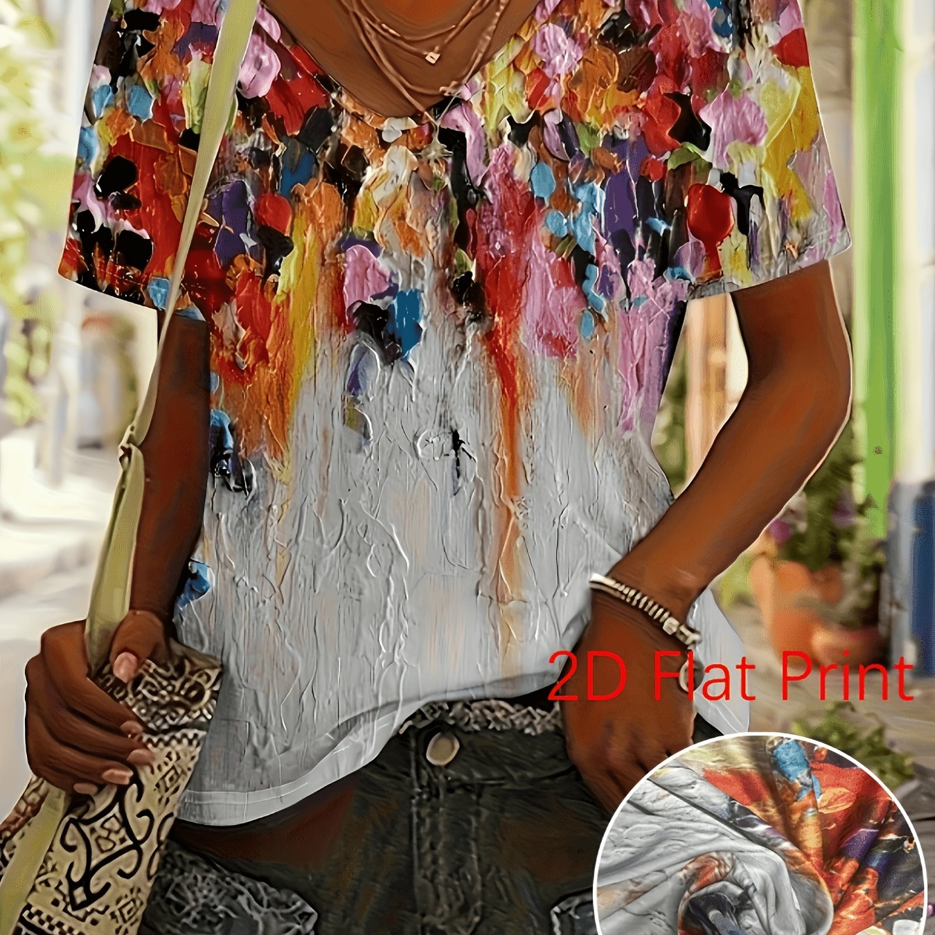 Image of 2d Flat Print Women's Spring Summer Top Tie-dye Checkered Gray