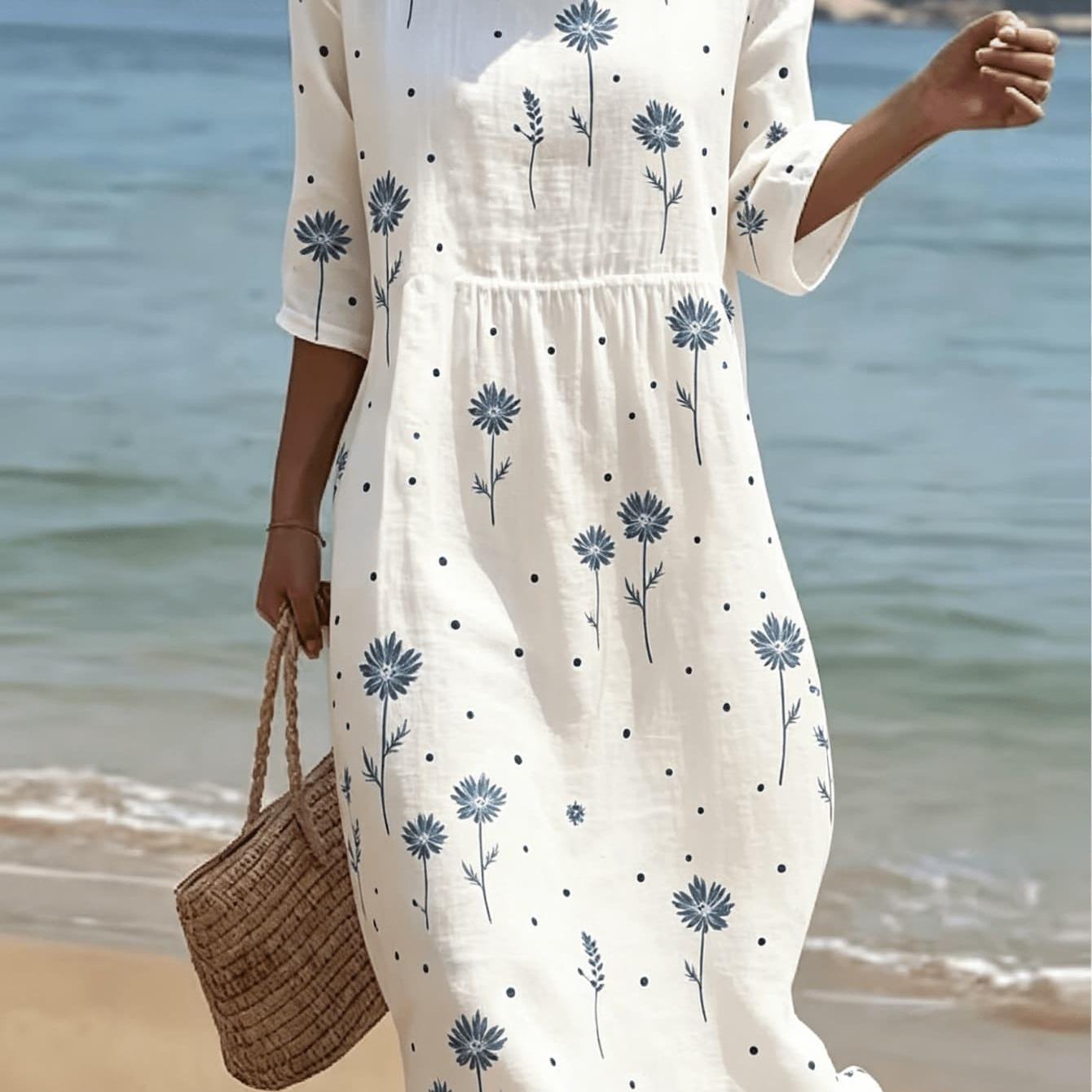 Image of Plus Size - Plus Size Ditsy Blue Floral Print Dress For Women, Casual 3/4 Sleeve Round Neck Loose Dress, Minimalist Lightweight Summer Midi Dress
