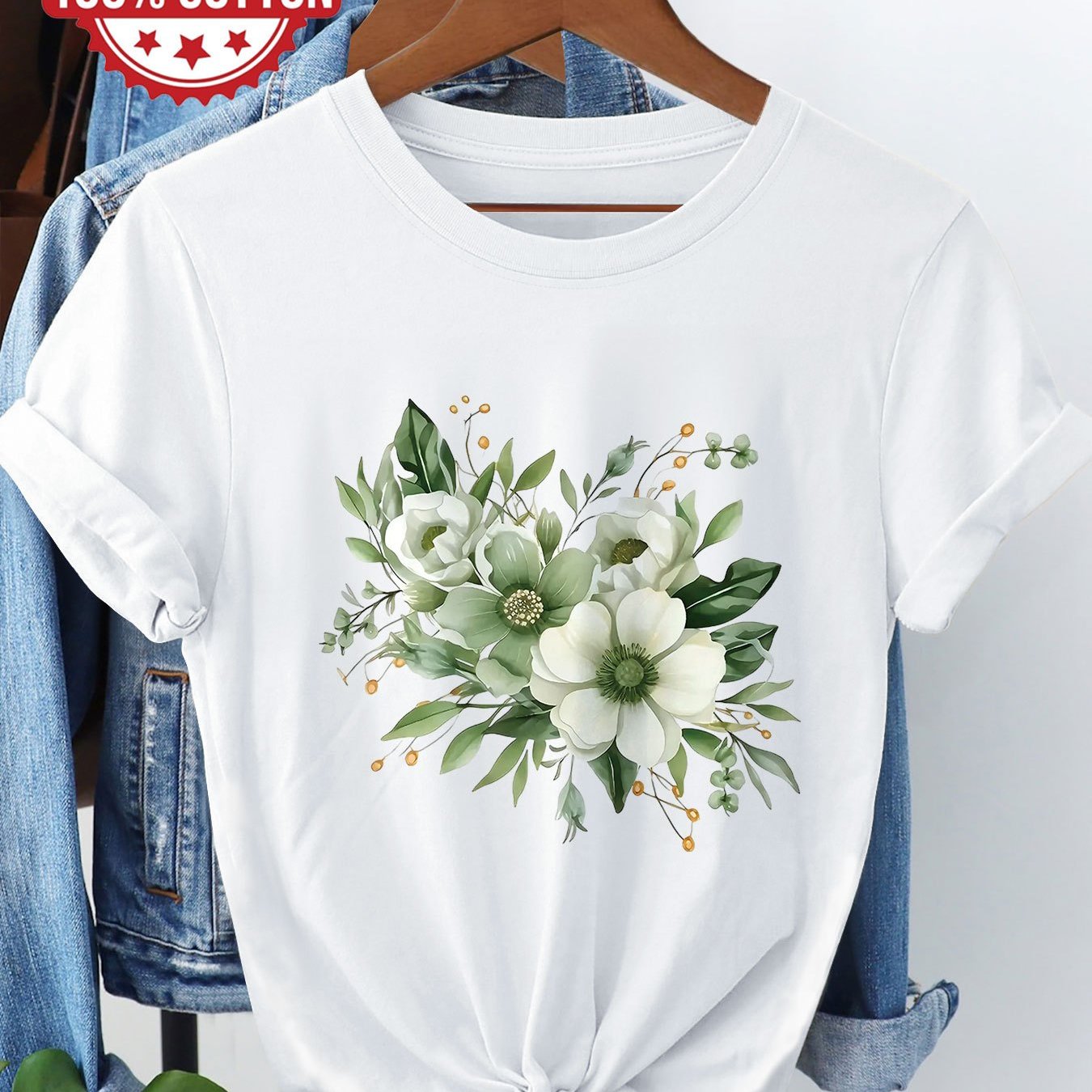 TEMU A White Flower Bouquet Design Pure T Shirt Women's T Shirt High Quality T Shirt Spring Summer Casual Wear Gift For