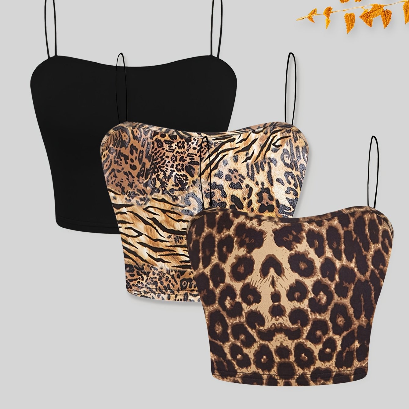 TEMU 3pcs Women's Cami Tank Top Set - Elegant Sleeveless Crop Blouse With Leopard Print & Solid , High Stretch Polyester Fabric, Perfect For Summer