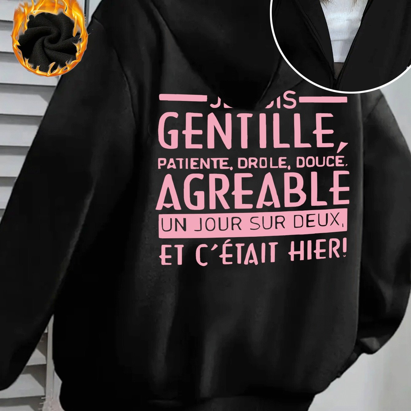 TEMU Veste à capuche décontractée et tendance pour femmes, style français, fermeture éclair, imprimé sur le dos