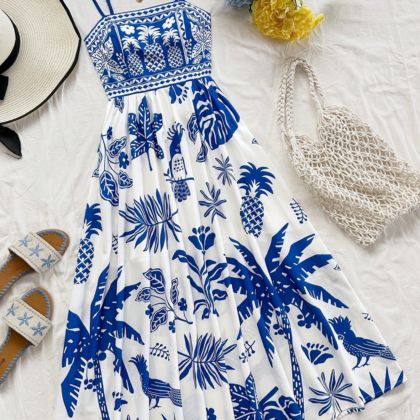 TEMU New Fashionable And Elegant Women's Tropical Bird, Palm Tree, And Floral Print Sleeveless A-line Midi Dress With Spaghetti Strap Waist Cinching