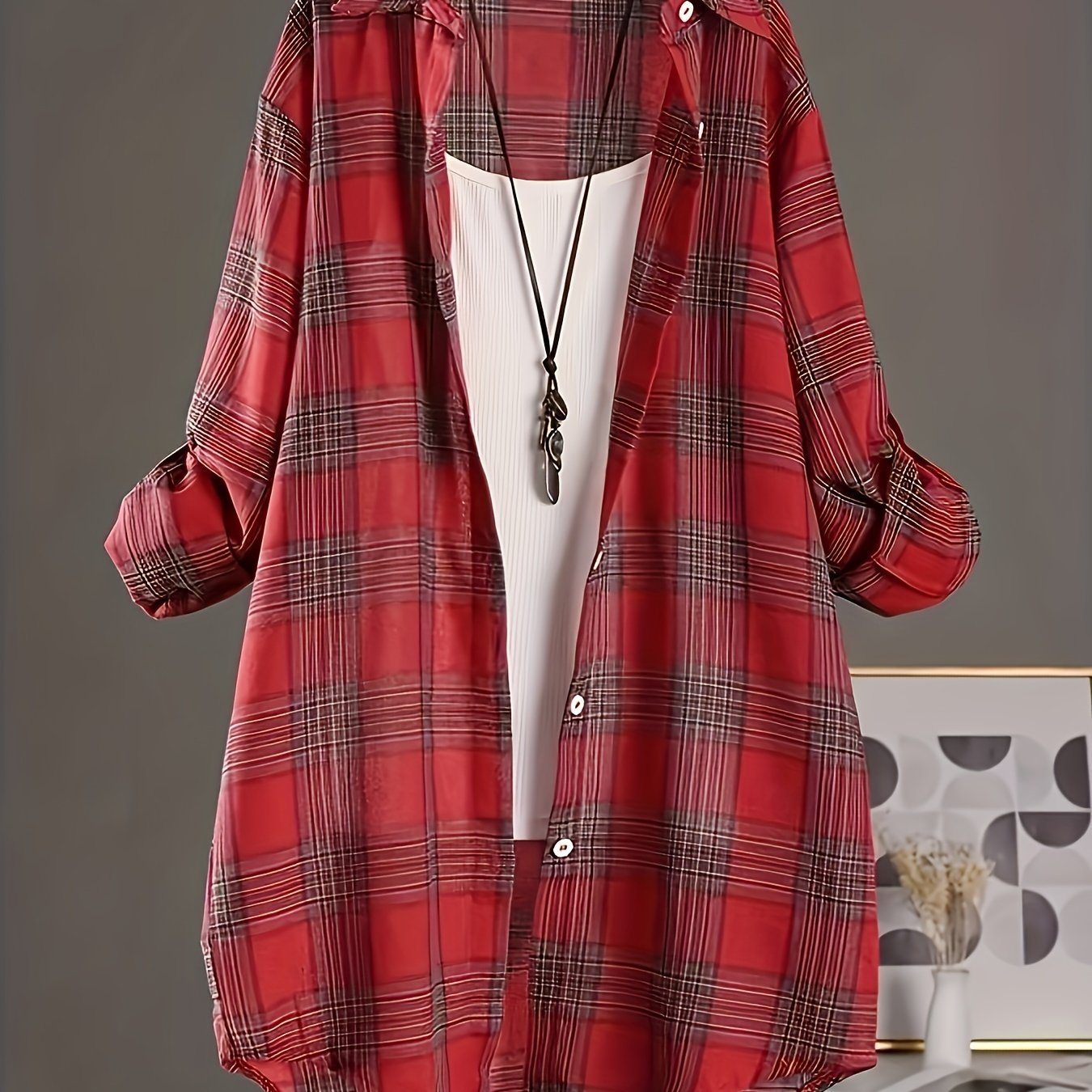 TEMU Plus Size - Plus Size - Plus Size Womens Casual Shirt - Lapel Collar, Dipped Hem, Semi-sheer, Long Sleeve, Button Front, Perfect For