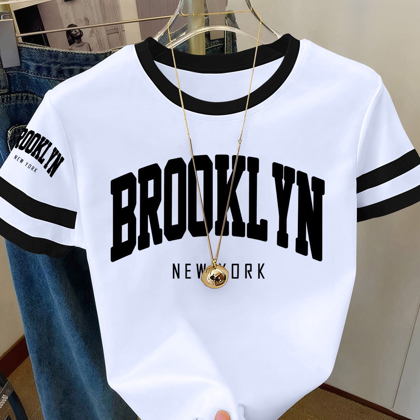 TEMU Women's Color Block T-shirt With Minimal Urban Style Brooklyn Letter Print, Fashion Versatile Loose Casual Crew Neck Short Sleeve Top For Spring