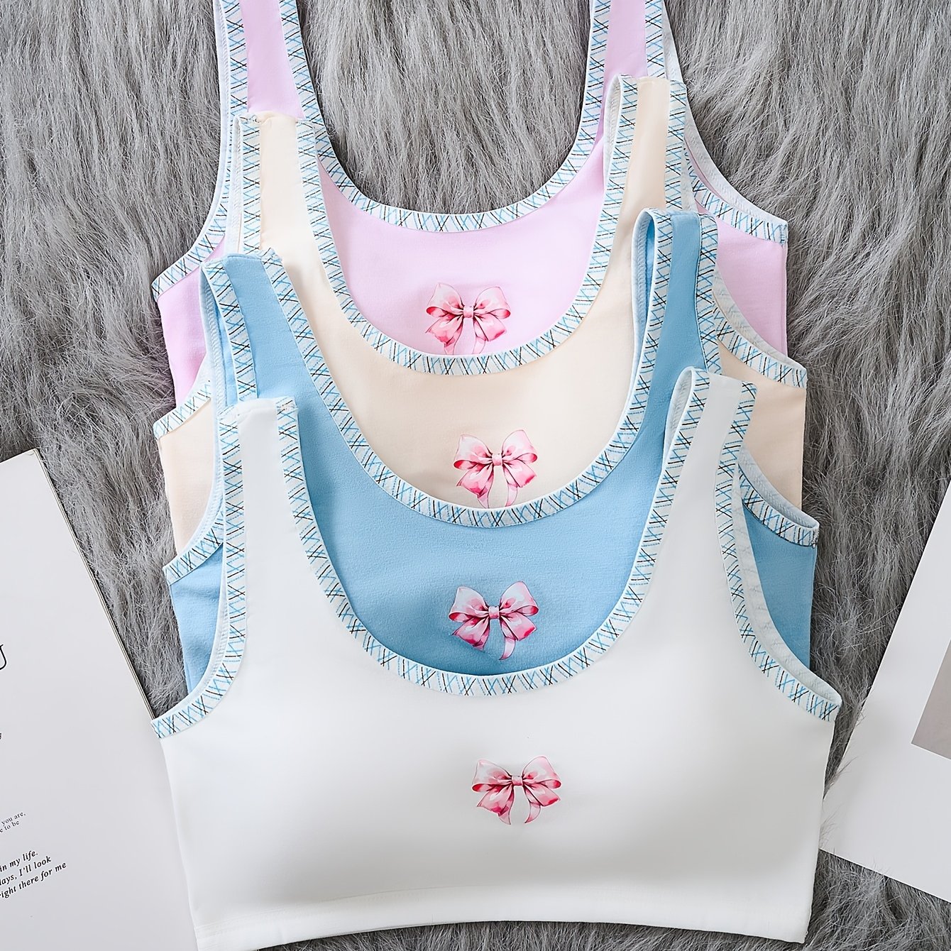 Image of Random 4pcs Set Girls' Teen Bra Underwear, Color-, Cute And Elegant, Fixed Cup Pads, Solid Color, Wire-free