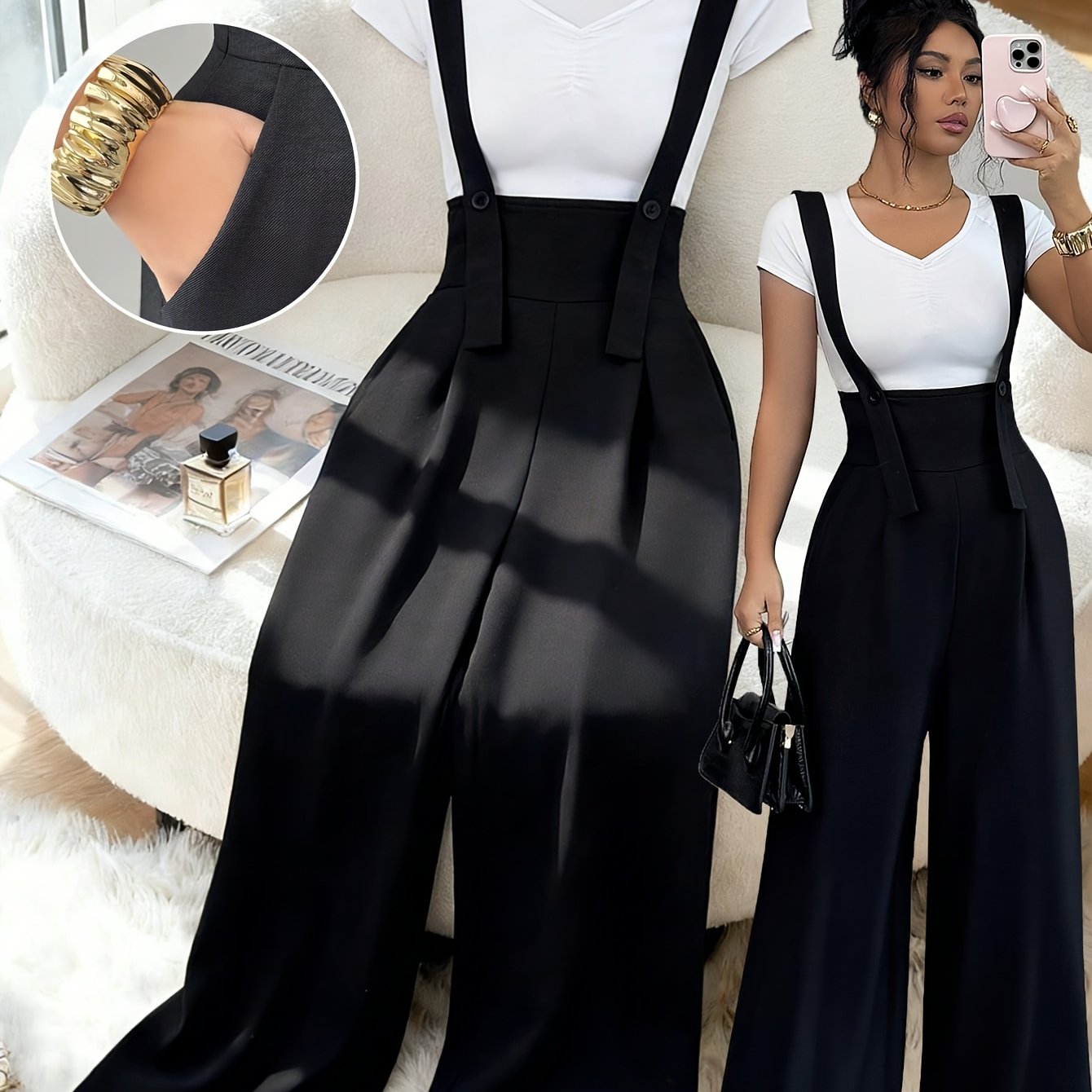 TEMU Elegant High-waist Wide-leg Overalls, Fashionable For Commuting, Versatile For Casual Wear