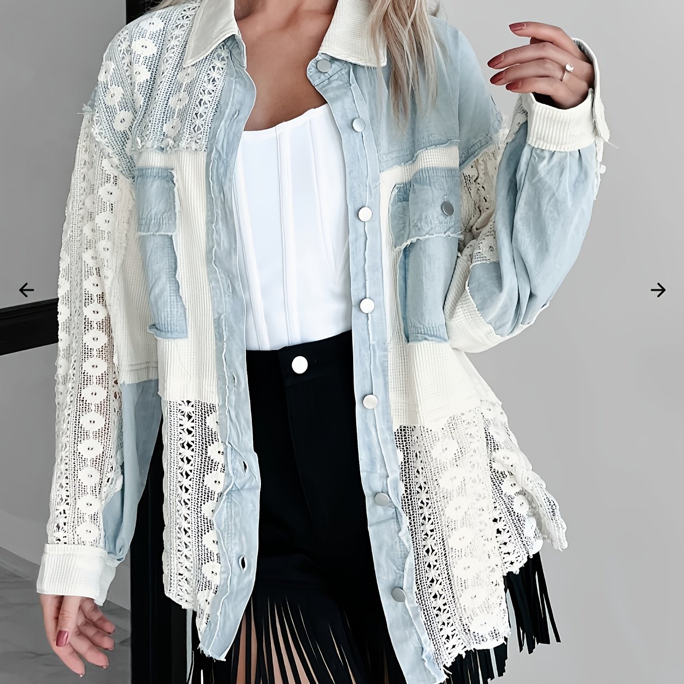 Image of Women's Lace Denim Shirt-style Jacket Waffle Color Block Long-sleeved Button Loose Casual Jacket Daily