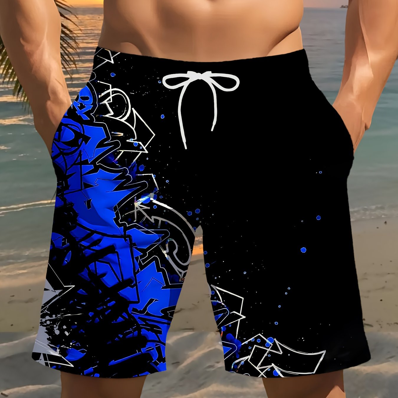TEMU Men's Letter Print Beach Shorts - Lightweight Polyester Drawstring Swim Trunks, Summer, Swimming, Golf, Fishing, And Outdoor Activities - Black