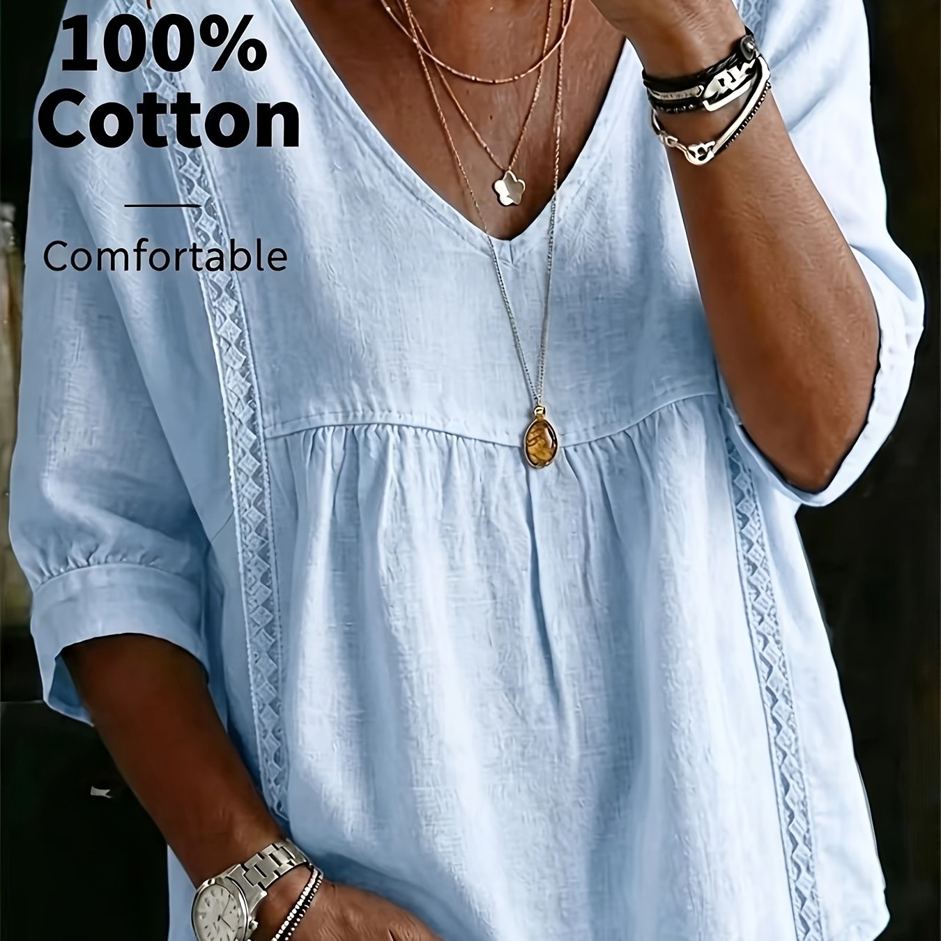 Plus Size, Casual Three-quarter Sleeve Lace V-neck Pullover, Shirt