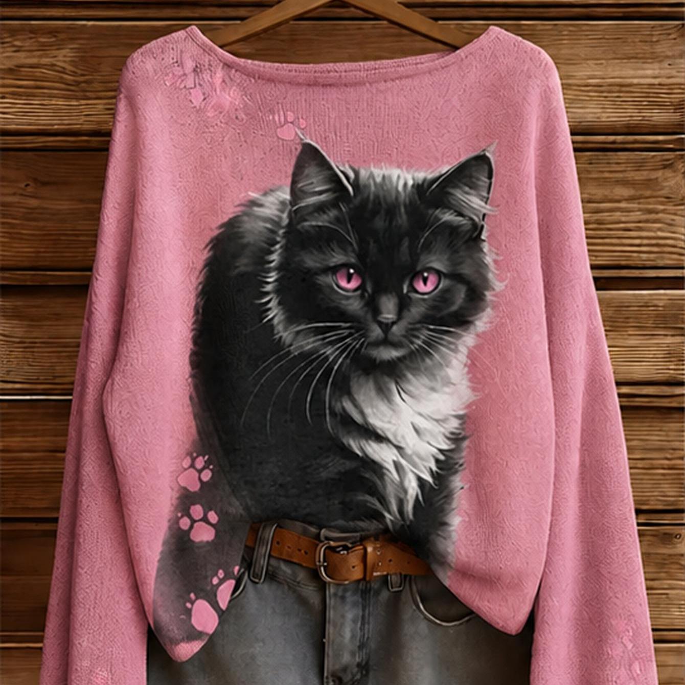 Image of Plus Size, Women's Plus Size Oversized Off-shoulder Sweater - Vintage Halter Neck -compatible Pink Cat Print Pullover | Suitable For Fall Winter Sweater For Bust, Machine Washable Elegant Top