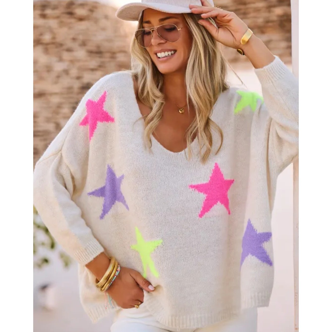 Women's Spring New Women' Top Sweater V-neck Multicolor Star Pattern Easy Versatile American Loose Lazy Style