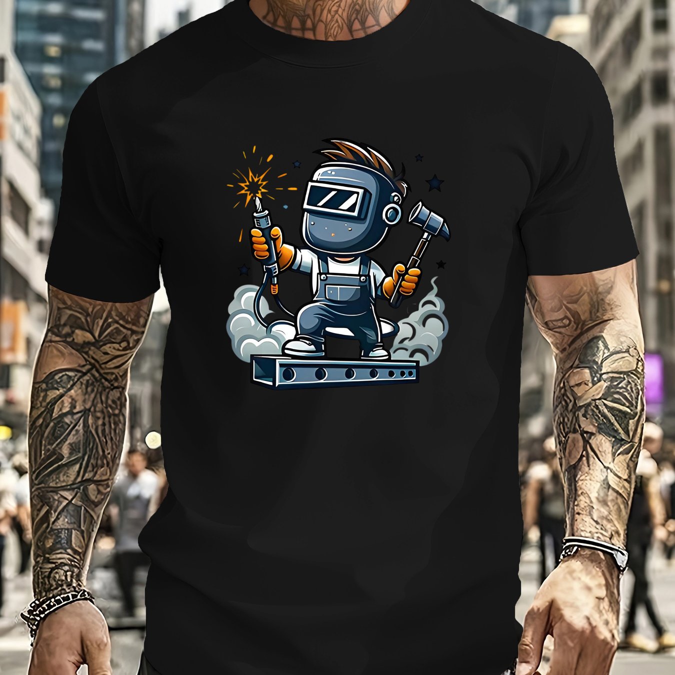 TEMU Fun Welder Pattern Print Men's Casual Athletic T-shirt Summer Neck Short Sleeve Fashion Top, Fabric, Quick Dry Breathable, Outdoor Sports Shirt,