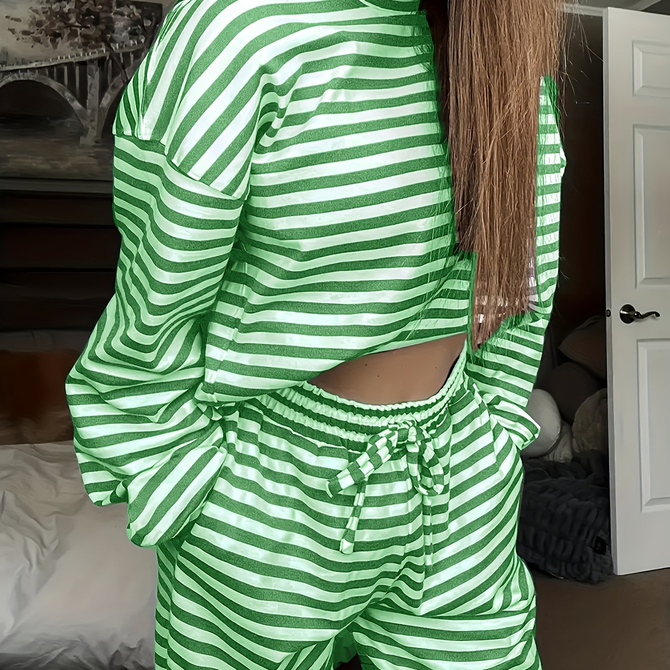 TEMU Women's Spring Autumn Striped Pajama Set, Double-pocket Long Pants, Decorative Drawstring Design, Contrast Round Neck, Soft Comfortable Loose