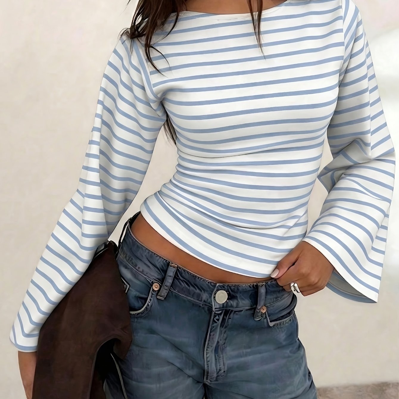 TEMU New Versatile Women's Striped Long-sleeve T-shirt For Daily Casual Wear