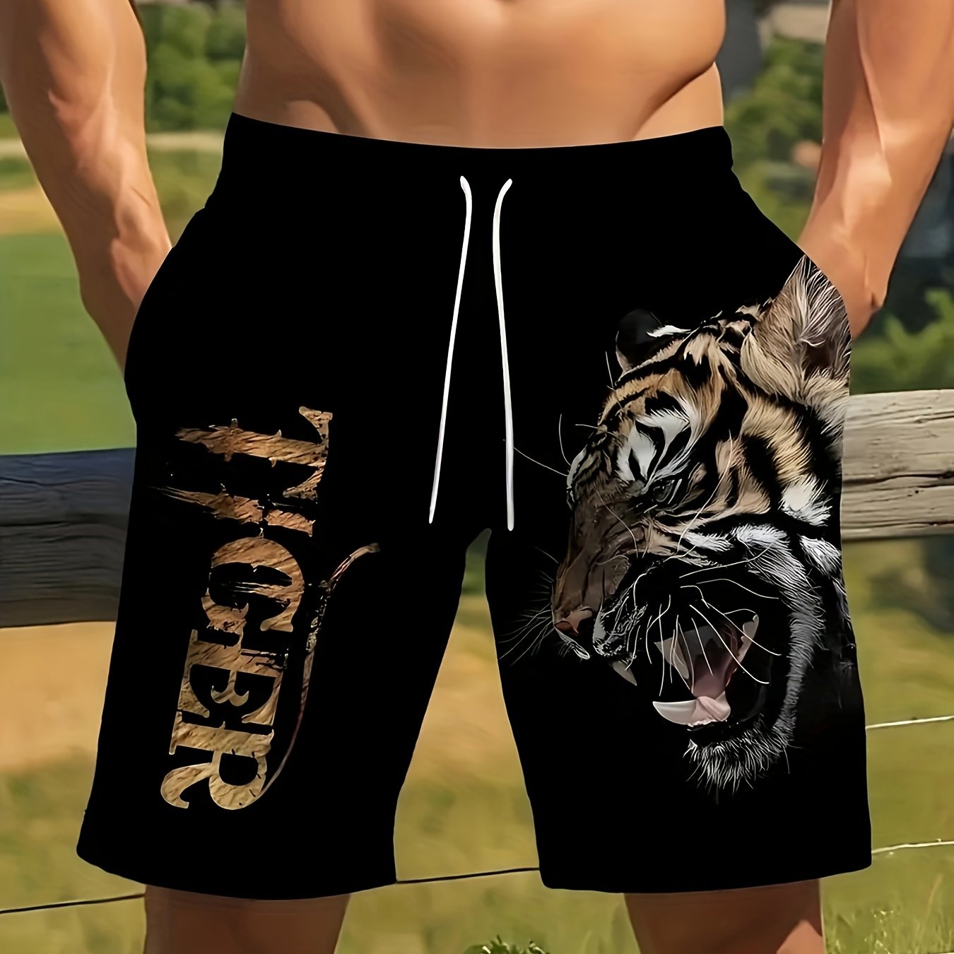 TEMU Men's Beach Shorts, Tiger Pattern 3d Print, Casual Polyester Drawstring Waistband, Men's Swim Trunks, Men's Swimwear, Men's Fashion, Men's