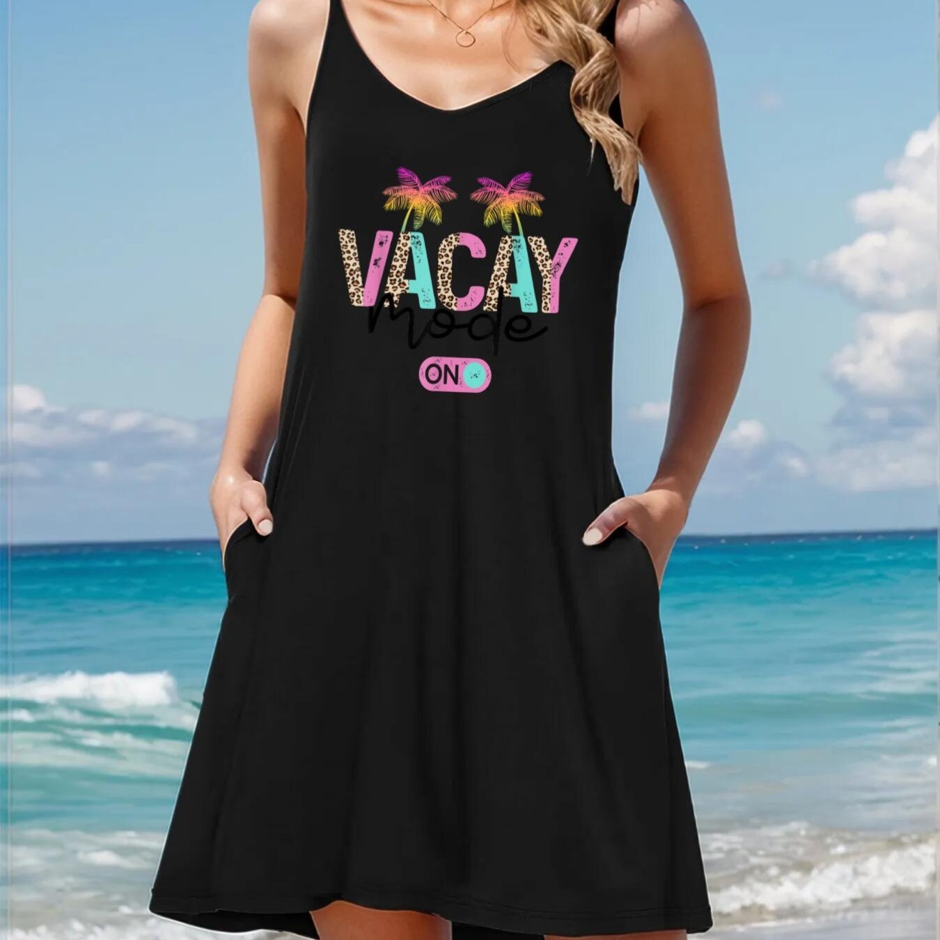 womens elegant v neck spaghetti suspender dress   tree   print black with pink purple accents lightweight machine washable for beach vacations summer   casual   spaghetti strap summer dress vacation outfit fitted holiday wear