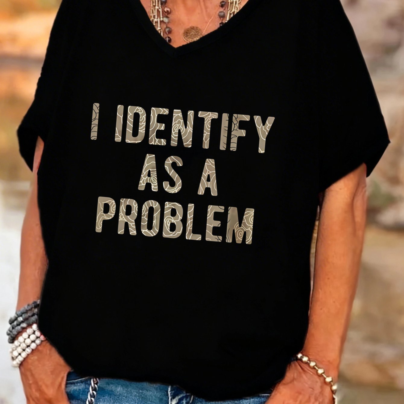 TEMU Plus Size Casual Fashion Women's V-neck Batwing Sleeves T-shirt I Identify As A Problem Graphic Print Summer Outfit Gift For Her
