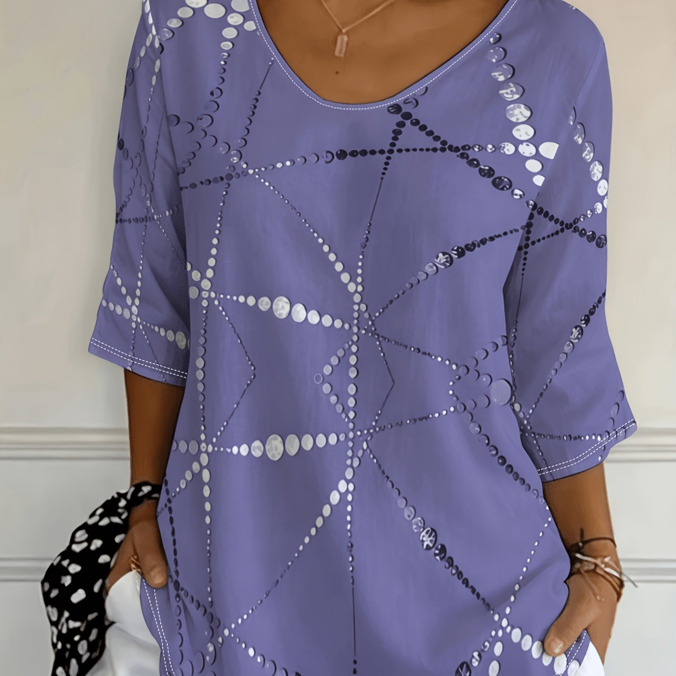 TEMU Plus Size, Plus-size Women's Top, Three-quarter Sleeve T-shirt, Mixed Colors, Multiple Sizes Available, Geometric Polka Dot Pattern, For Daily