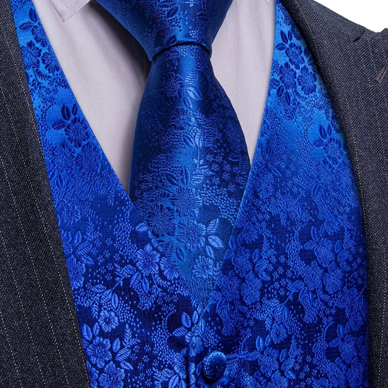 Image of Men's Blue Floral Dress Vest Suit Set Formal Waistcoat With Tie, Pocket Square & Cufflinks For Wedding/groom/groomsmen/prom/party