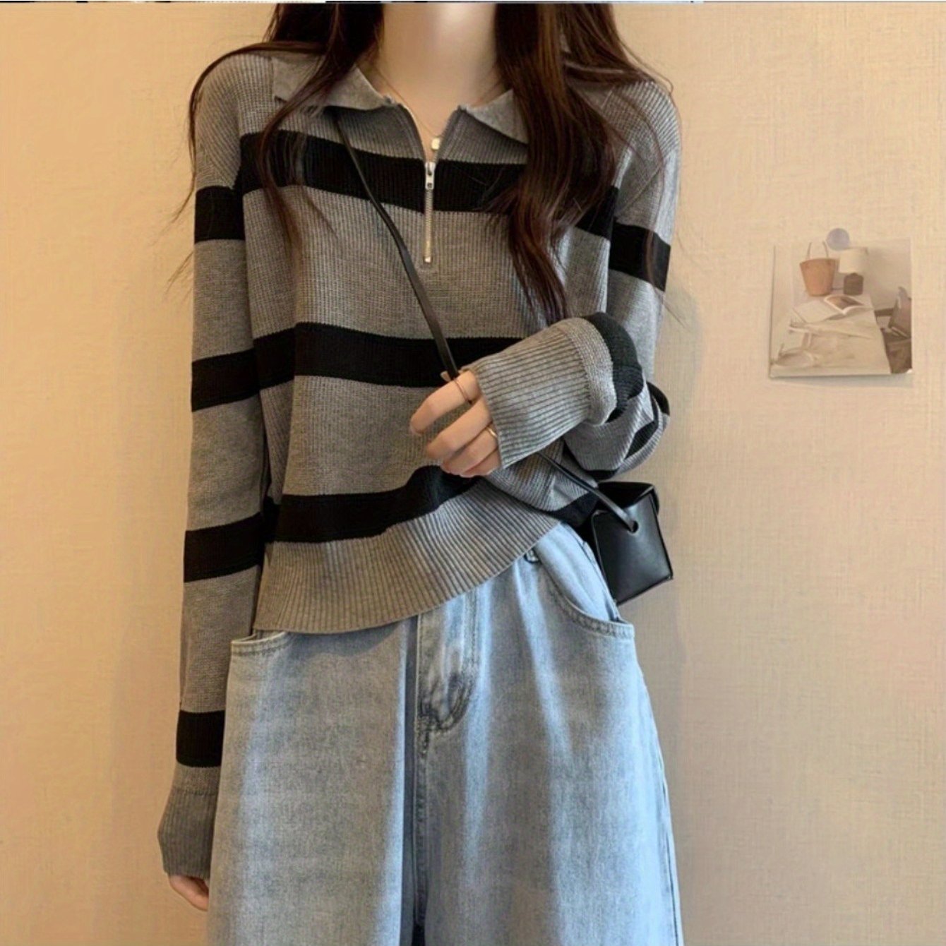 TEMU Pull Femme Rétro Rayé Décontracté Col Polo Ample Automne Tendance et Nouveau Design Hiver 2023