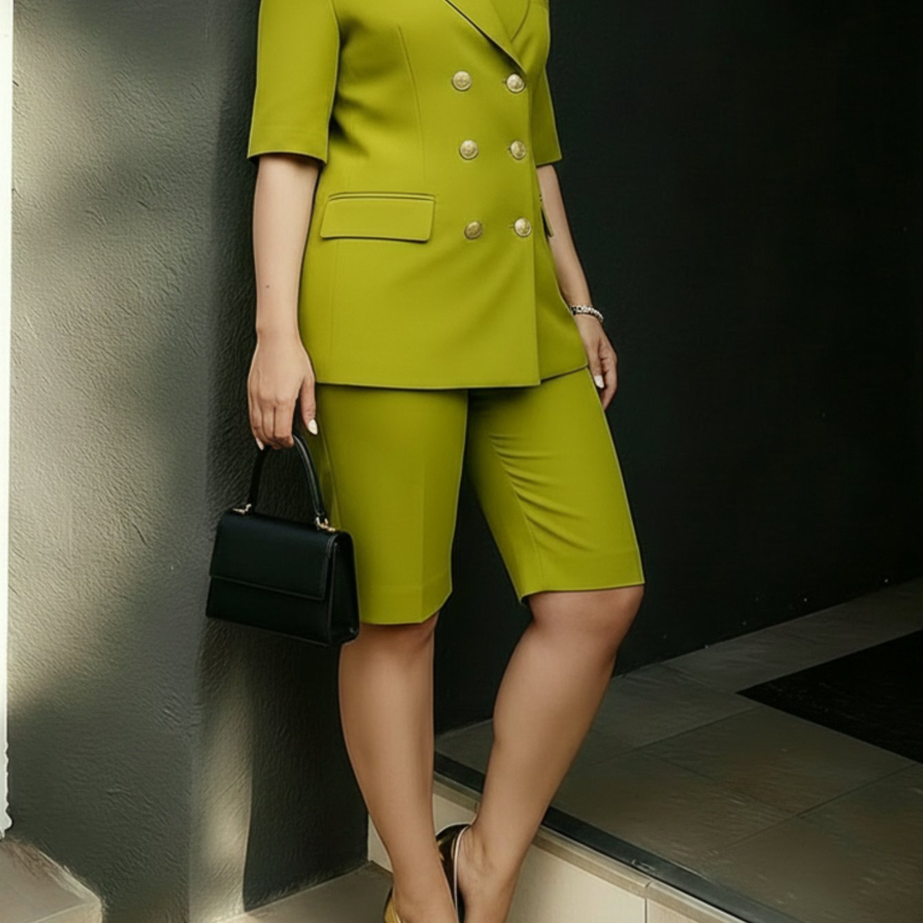 TEMU Plus Size Lime Green Lapel Double-breasted Mid-sleeve Blazer And Knee-length Suit Pants Women's Set | Sophisticated Capable Grand Temperament,