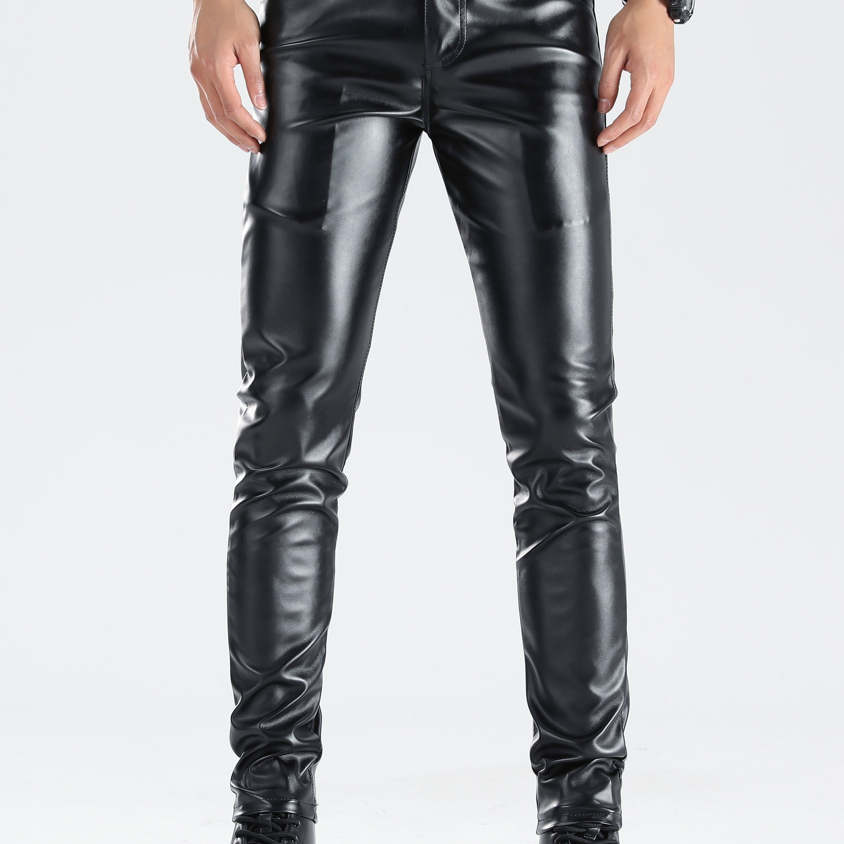 TEMU Men's Chic Pu Pants, Casual Slim Fit Medium Stretch Faux Leather Biker Pants For Spring Fall K-pop