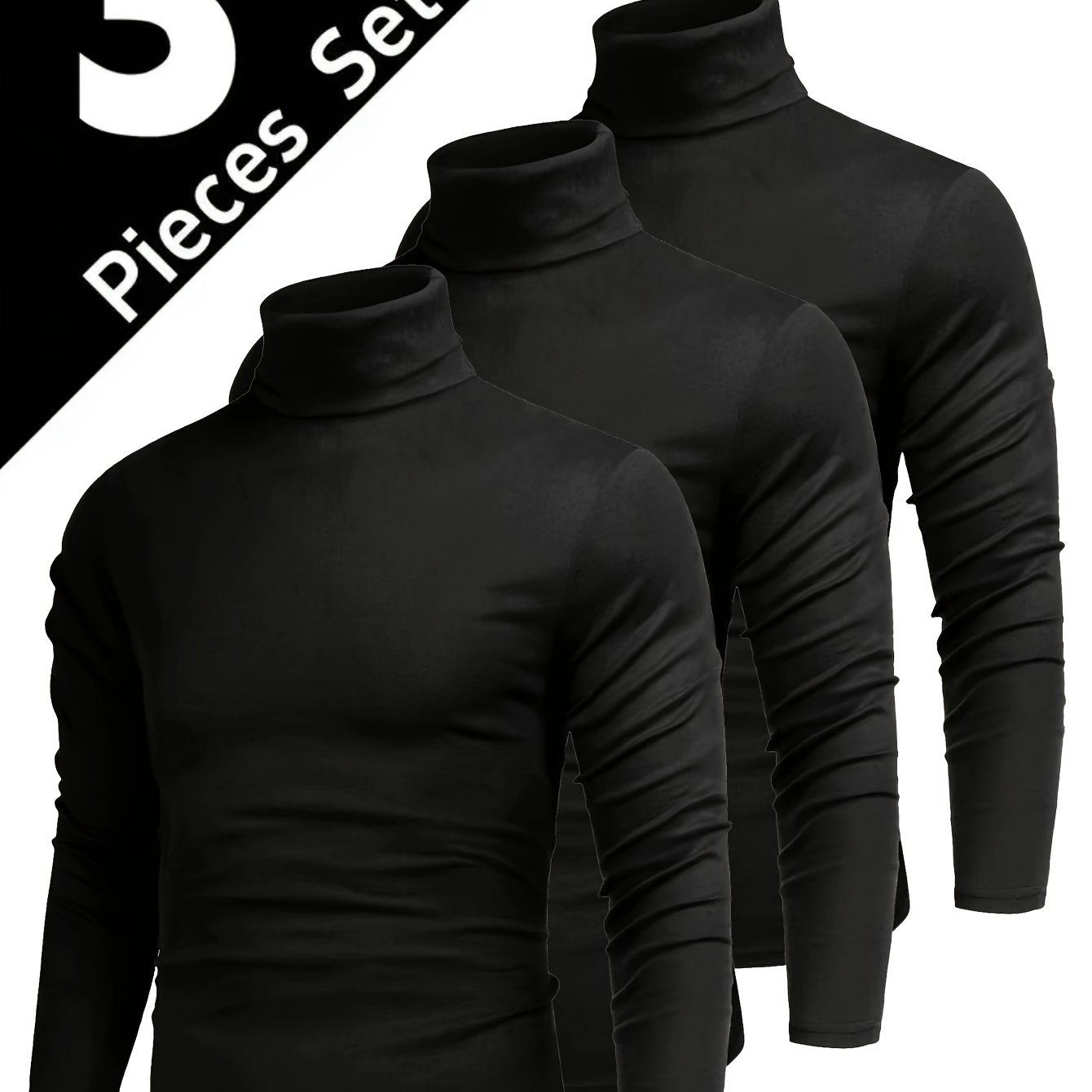 Image of A Set Of 3 Men's Casual Base Layer Tops In Solid Colors, Featuring High Necks And Long Sleeves, Suitable For Everyday Wear And Layering, And Easy To Care For